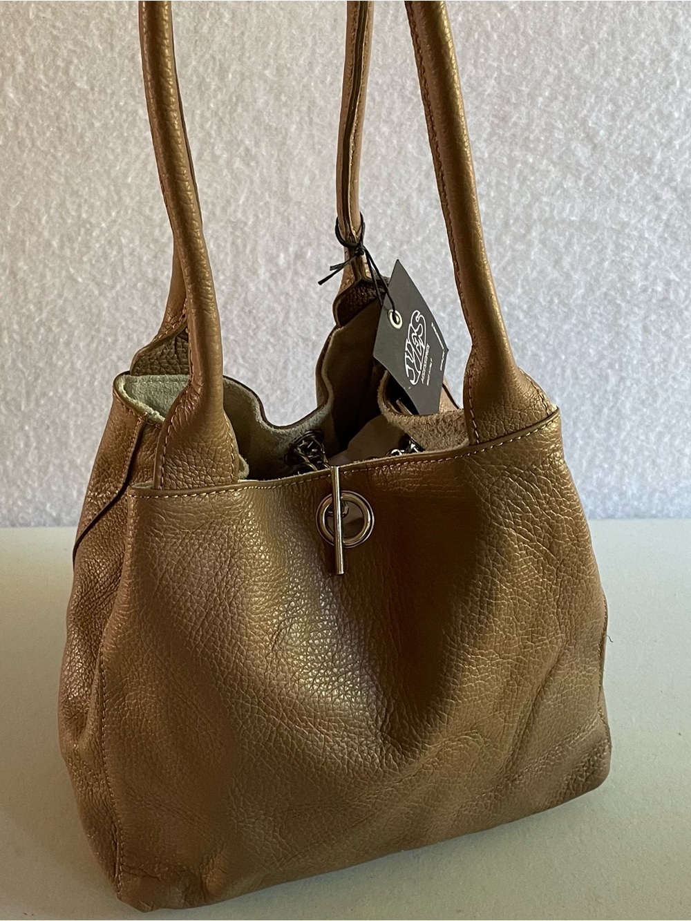 🔥 NWT Brown Pebbled Italian Leather Shoulder Bag Yes Accessories Tassel Hobo - Picture 5 of 14